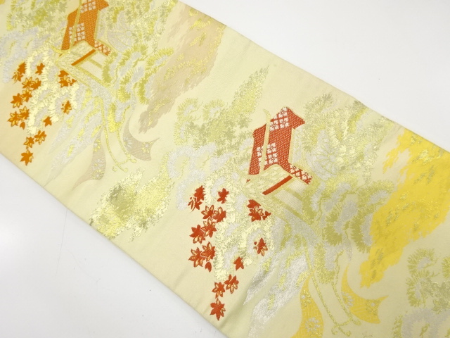 アンティーク　御所車に笠松・楓模様織り出し袋帯（材料）